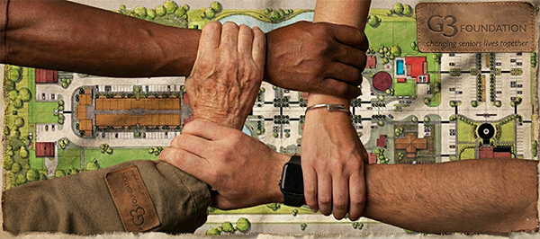 an image of four interlocking hands all giving and changing serniors lives together